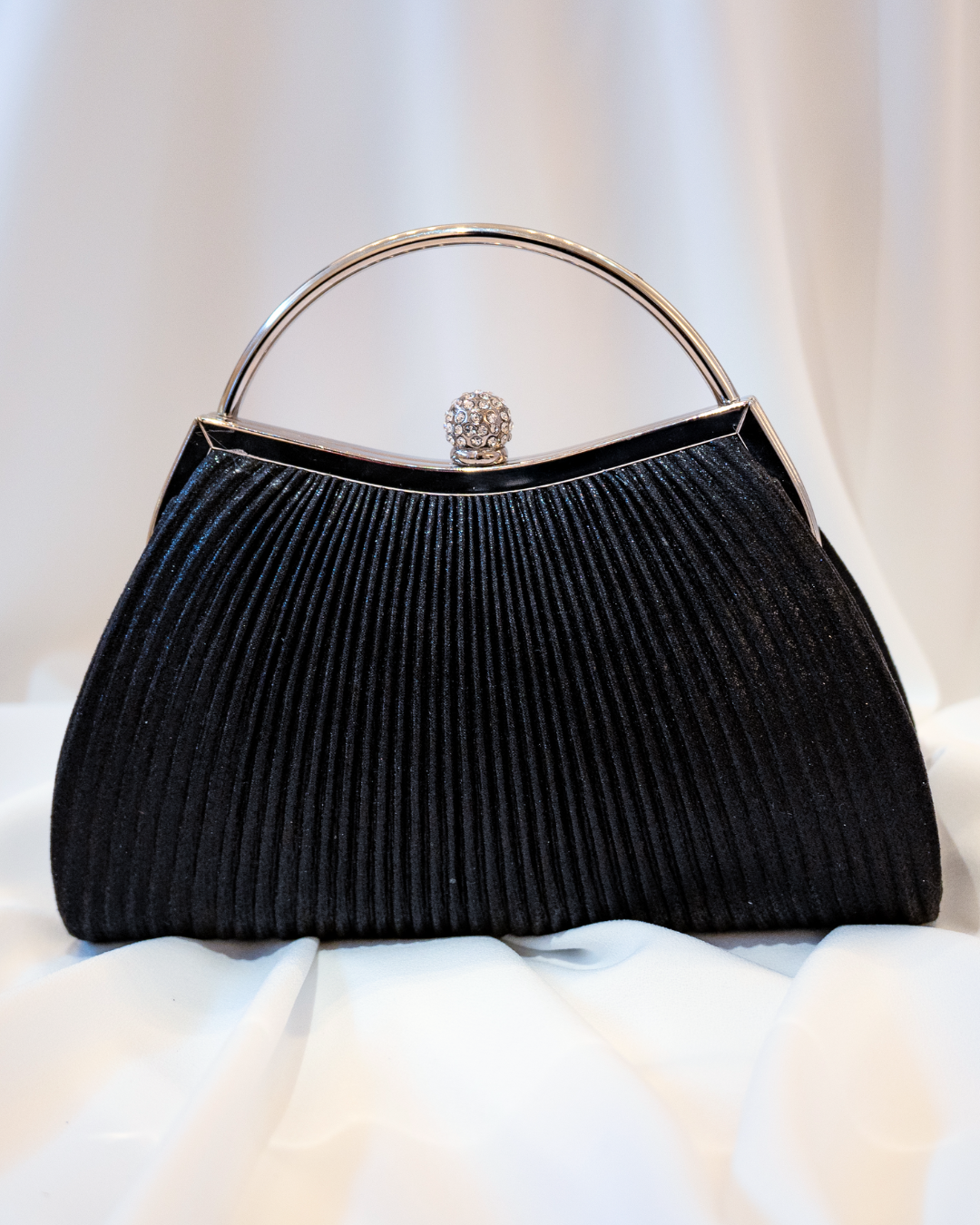 Black and Silver Pleated Satin Purse