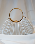 Pleated White Satin Purse with Round Handle