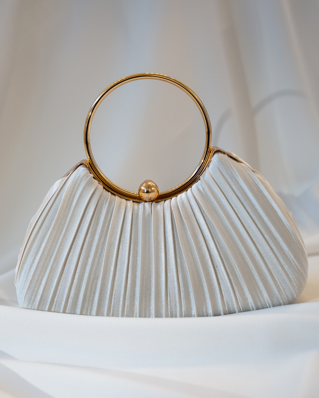 Pleated White Satin Purse with Round Handle