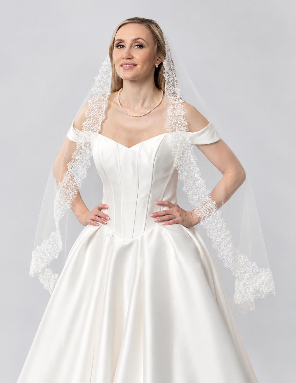 Chantilly Lace and Pearl Fingertip Mantilla Veil