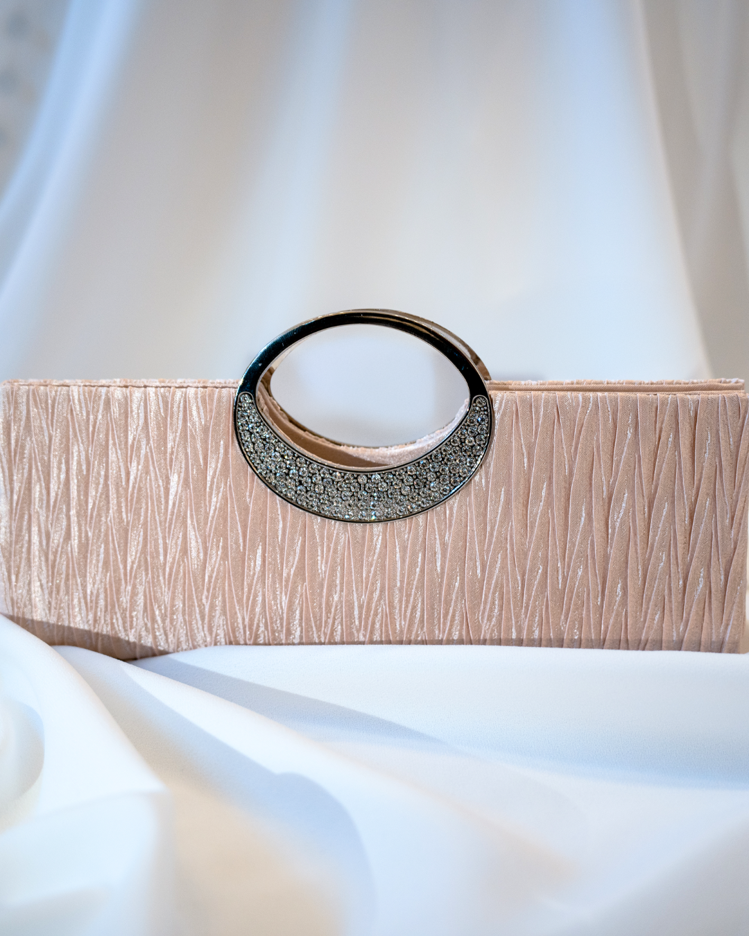 Ruched Apricot Silk Rhinestoned Clutch