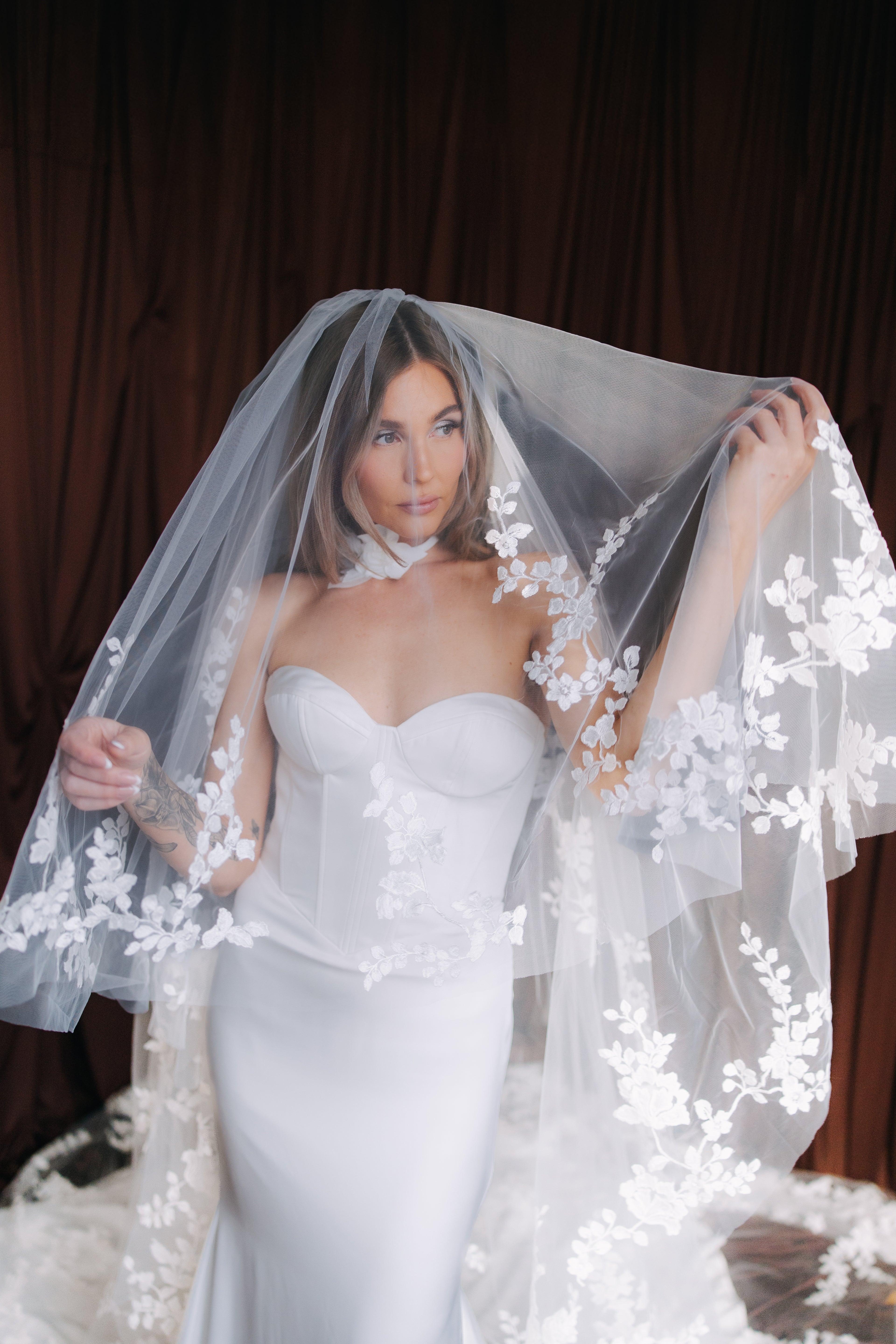 Floral Appliqué Cathedral Veil with Blusher