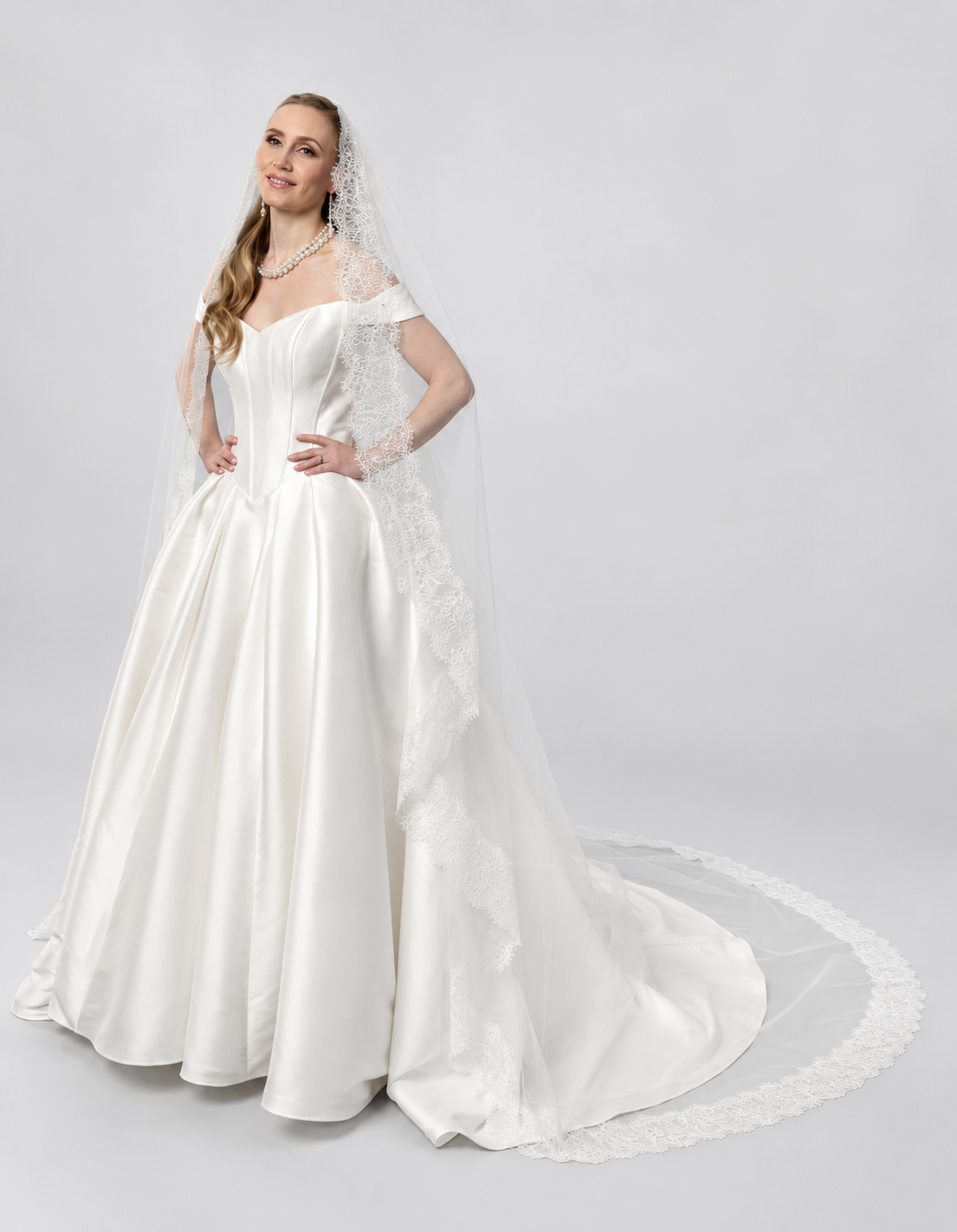 Chantilly Lace and Pearl Cathedral Mantilla Veil